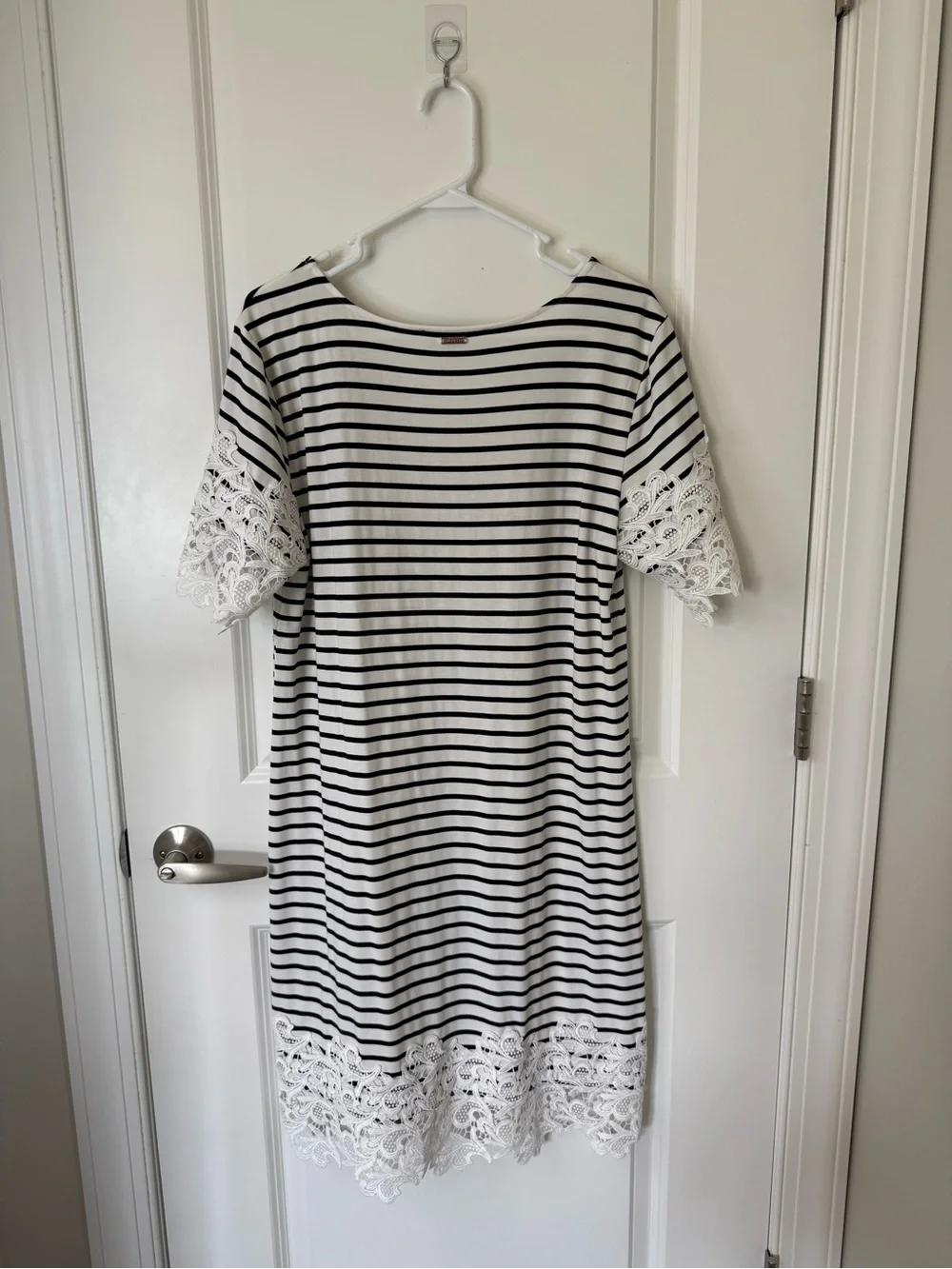 Tommy Hilfiger Black & White Striped Lace-Trim Mini Dress